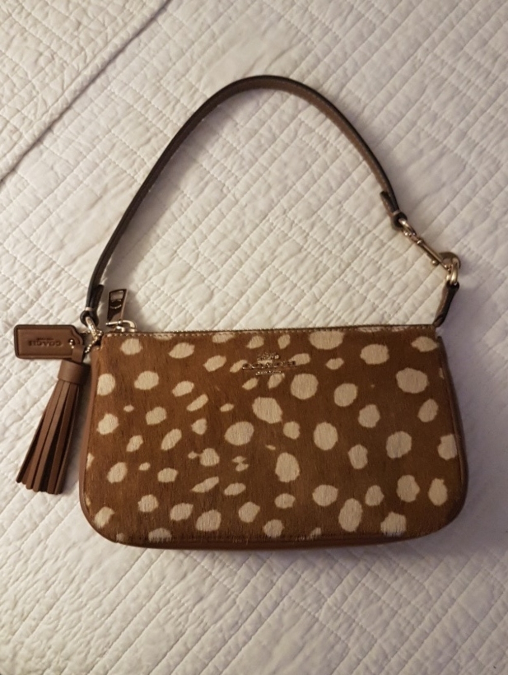 Coach Nolta Deer PrintTan and Cream Haircalf Wristlet with Tassel